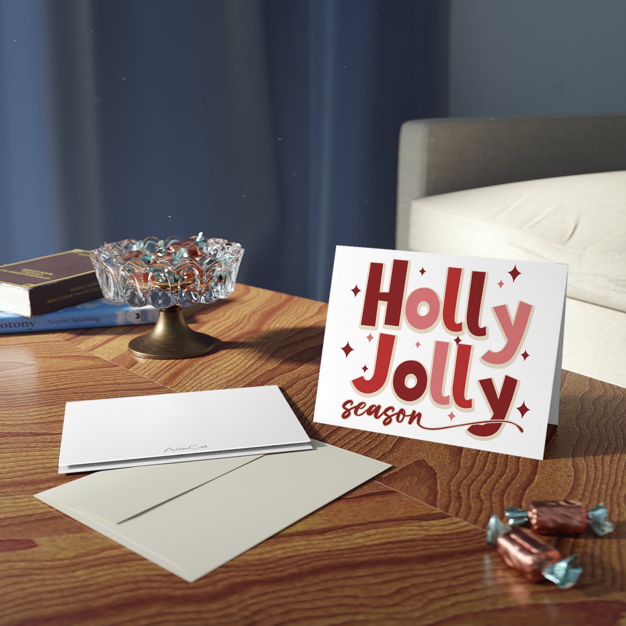 Holly Jolly Season Retro Christmas Style Matte Greeting Cards (8, 16, and 24 pcs)