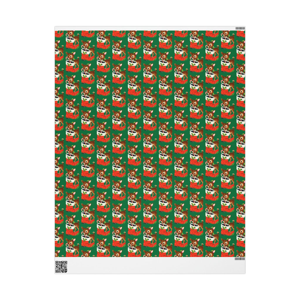 Reindeer With Stocking Mid Century Retro Christmas Print Holiday Gift Wrap Paper - Glossy Or Matte