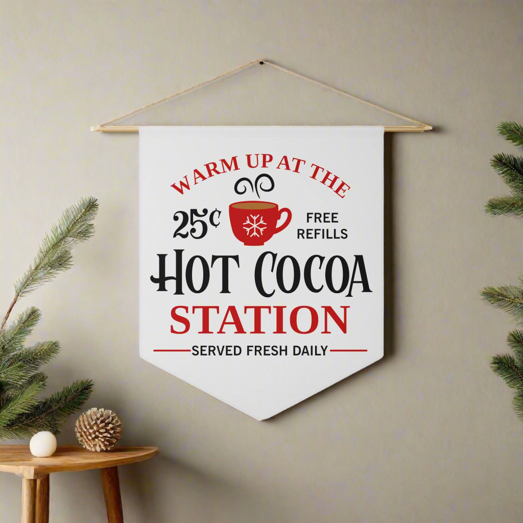 Warm Up At The Hot Cocoa Station Christmas Wall Hanging Banner Flag