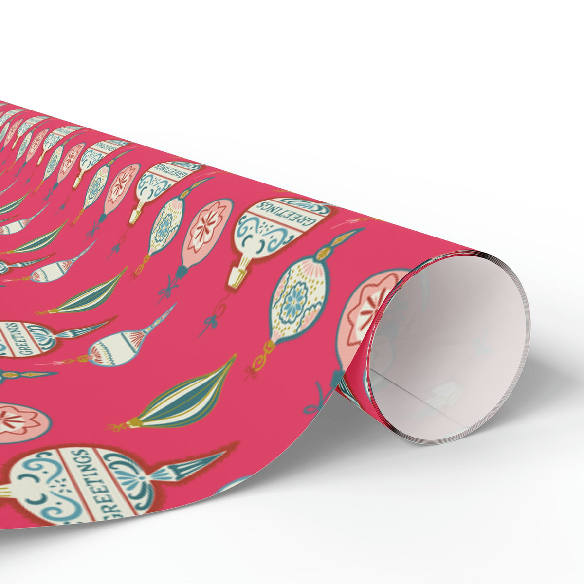 Greetings Christmas Ornaments Pink Retro Style Christmas Holiday Gift Wrap Paper - Glossy Or Matte