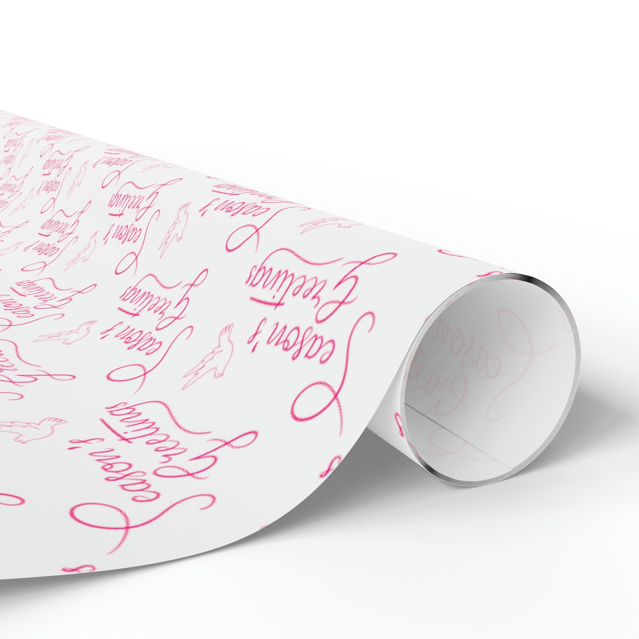 Season's Greetings Pink Dove Pink Retro Style Christmas Print Holiday Gift Wrap Paper - Glossy Or Matte