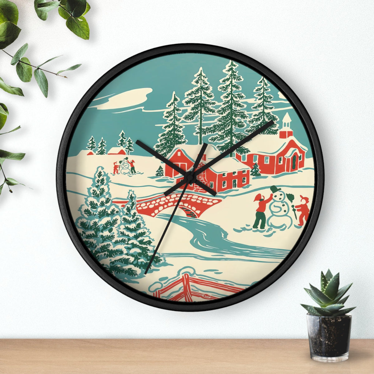 Christmas Village Town Retro Christmas Print Black Christmas Wall Clock
