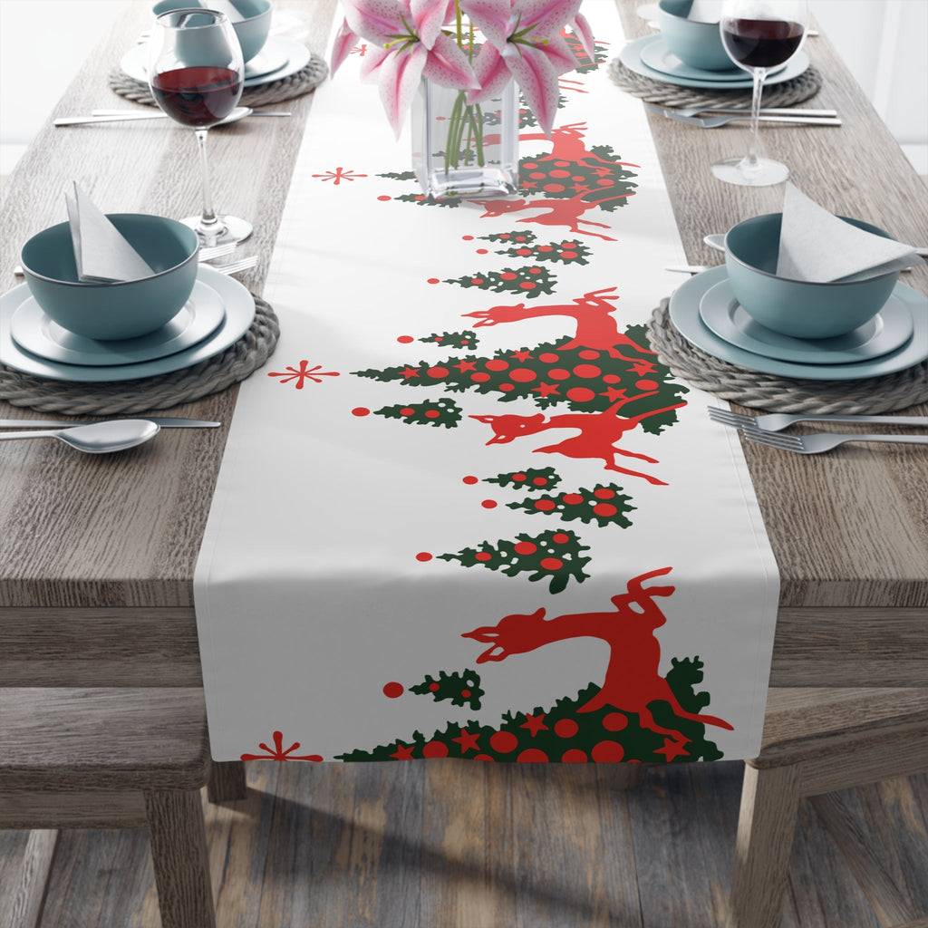 Red Reindeer Christmas Trees Midcentury Retro Polyester Table Runner