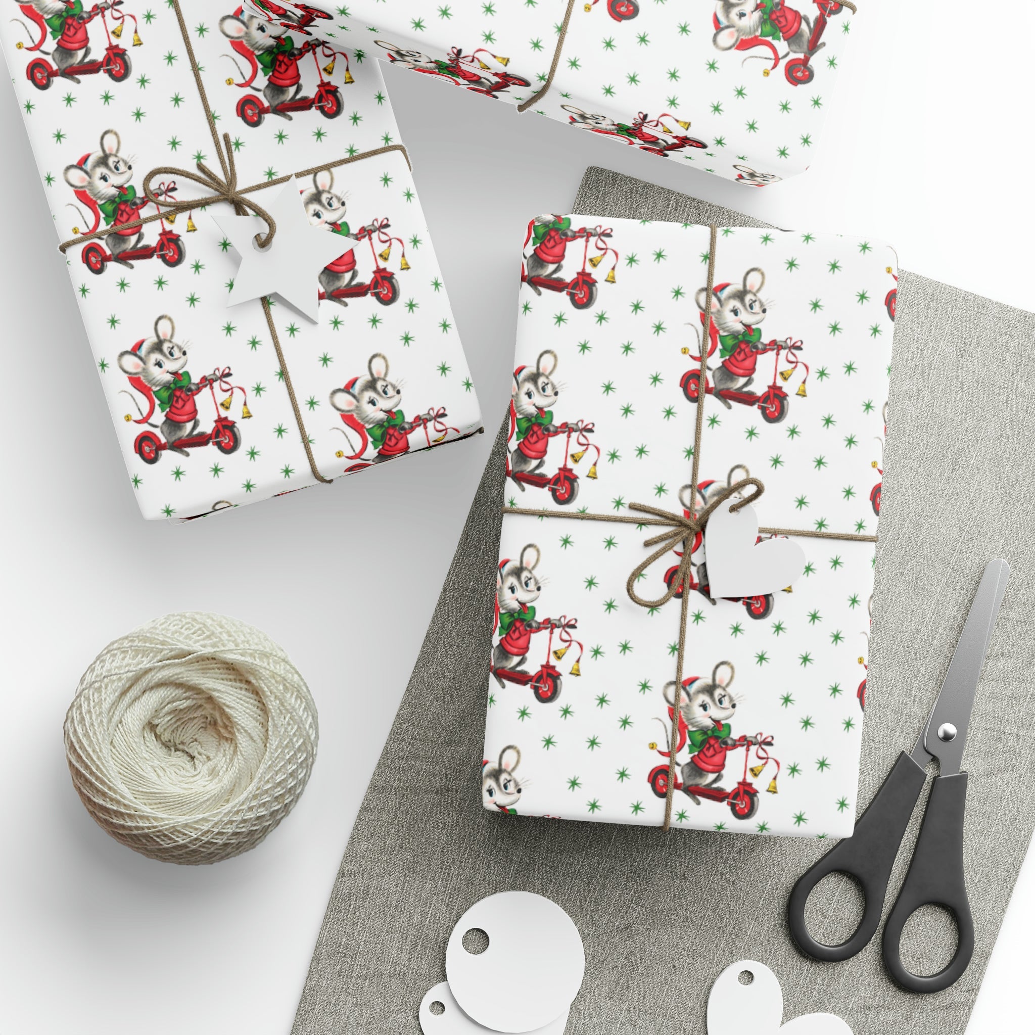 Christmas Mouse On Scooter Green Stars Mid Century Retro Christmas Print Holiday Gift Wrap Paper - Glossy Or Matte