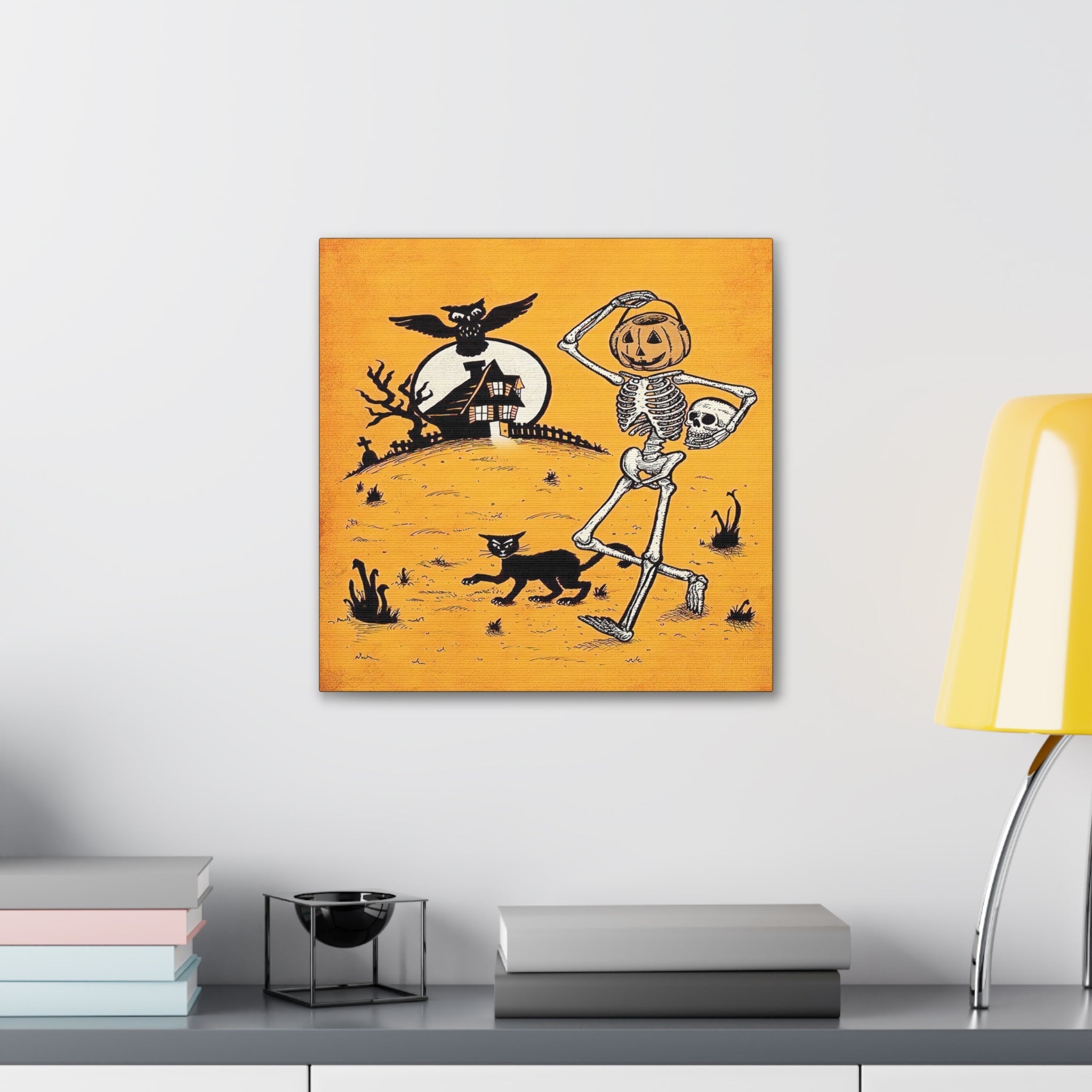 Skeleton Jack O Lantern Black Cat Owls Retro Halloween Vintage Art Canvas Gallery Wrap