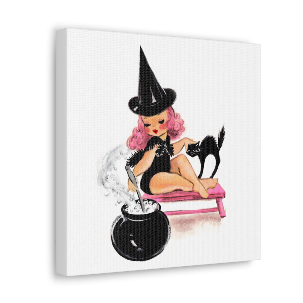 Pink Witch Black Cat Retro Halloween Decor Print Canvas Gallery Wrap