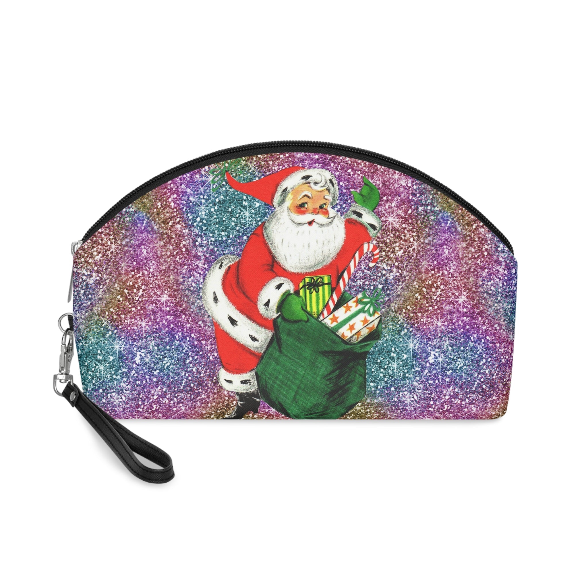 Santa With His Sack Of Presents Glitter Background Mid Century Retro Christmas Print Cosmetic Travel Makeup Bag