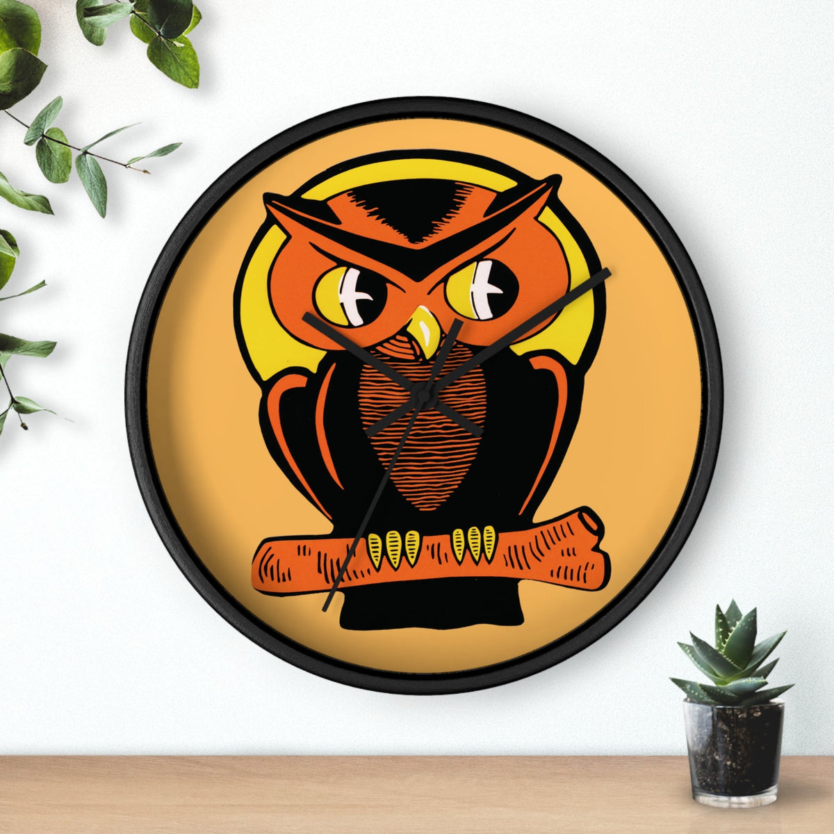 Orange Owl Yellow Moon Retro Halloween Fall Black Wooden Wall Clock