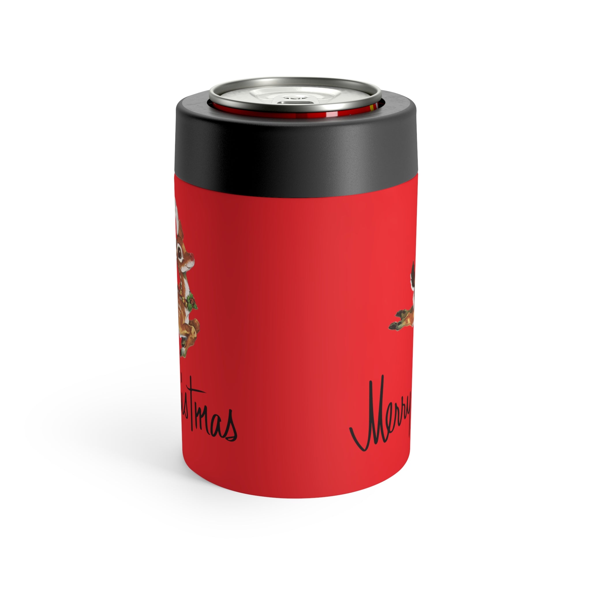 Merry Christmas Reindeer Red Mid Century Retro Christmas Print Stainless Steel Can Holder