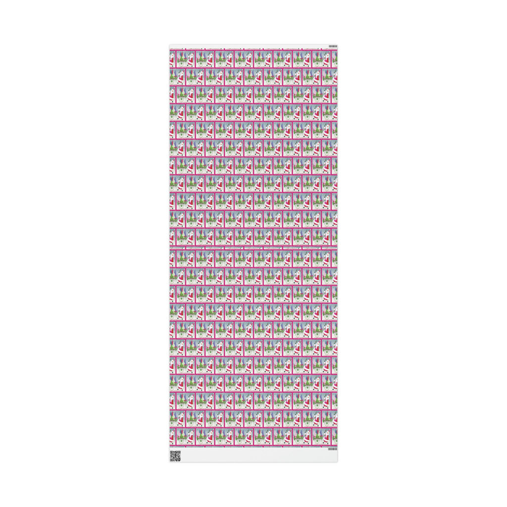 Pink Santa With Trees And Bell Mid Century Retro Christmas Print Holiday Gift Wrap Paper - Glossy Or Matte