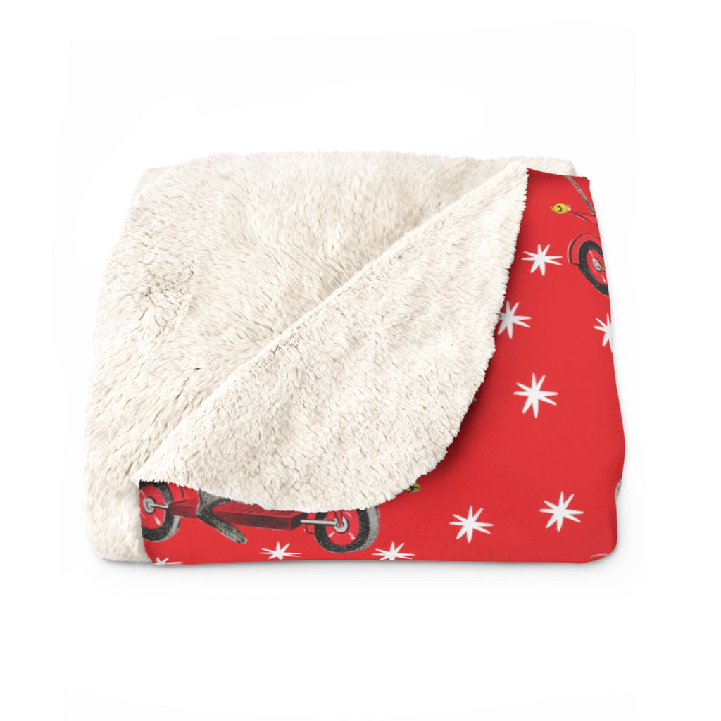 Christmas Mouse On Scooter Stars Red Mid Century Retro Style Christmas Sherpa Fleece Blanket