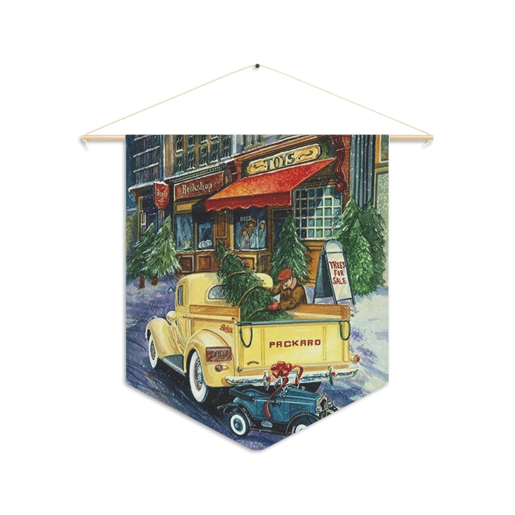 Yellow Christmas Packard Truck With Tree Retro Christmas Print Wall Hanging Banner Flag