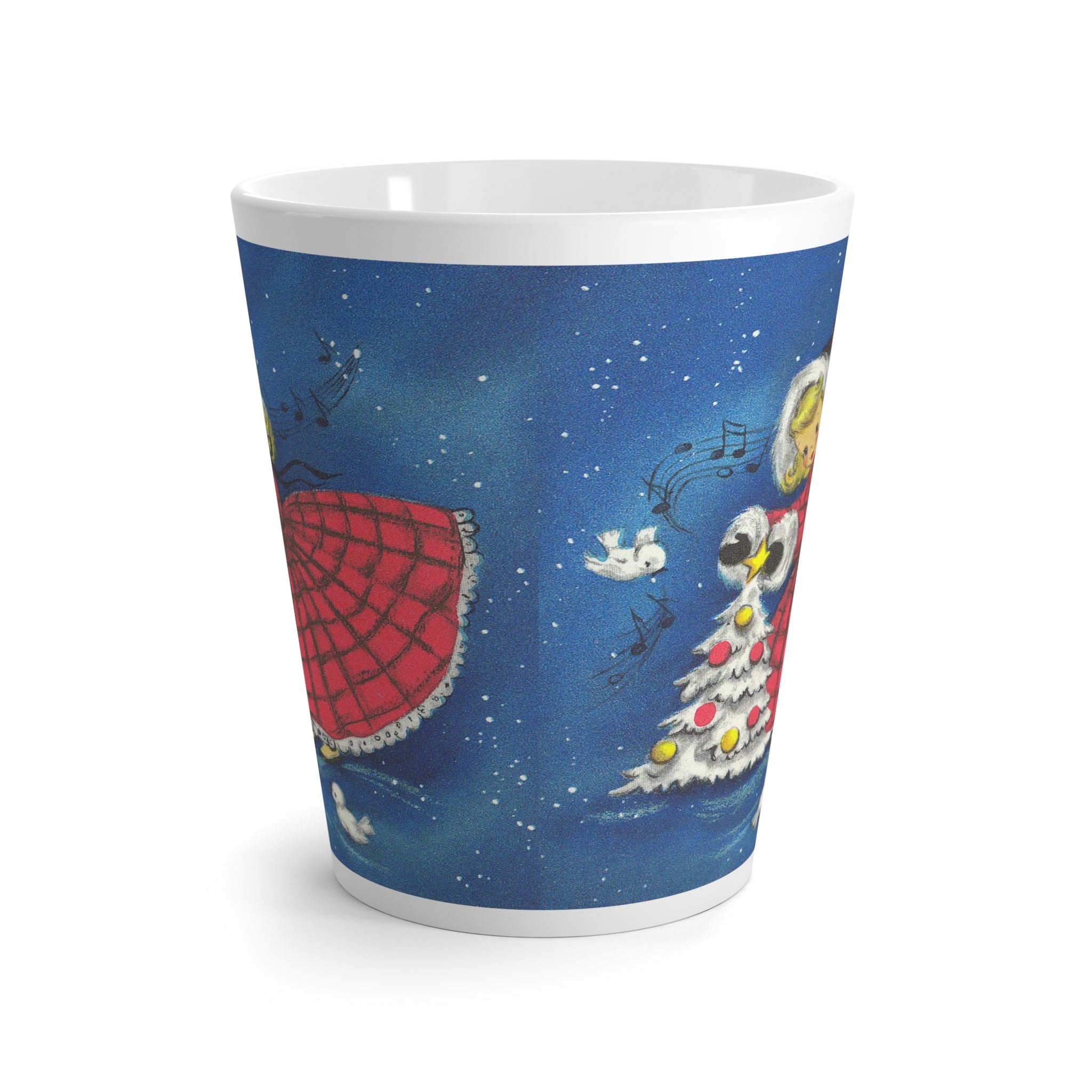 Christmas Girl With White Birds Christmas Tree Retro Christmas Print Latte Coffee Mug