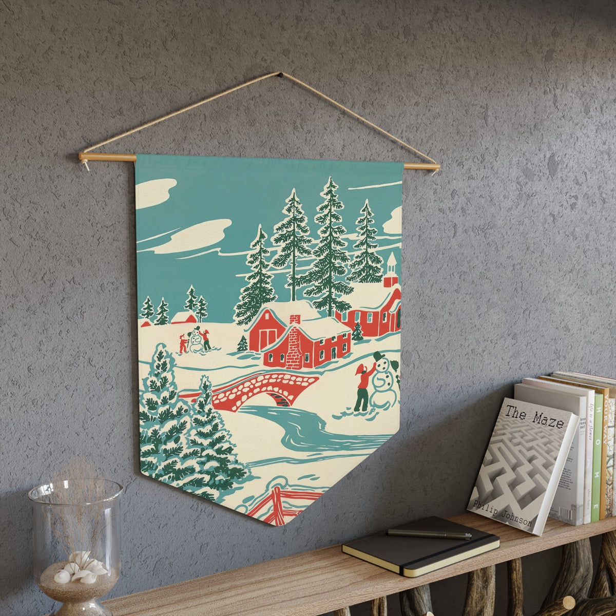Christmas Winter Scene Mid Century Retro Christmas Print Wall Hanging Banner Flag