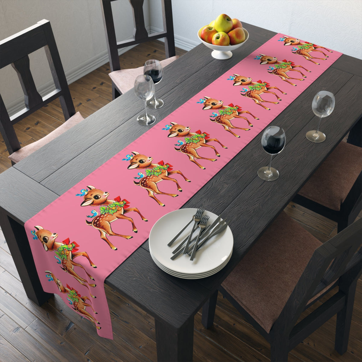 Reindeer With Bluebirds Retro Christmas Pink Polyester Table Runner