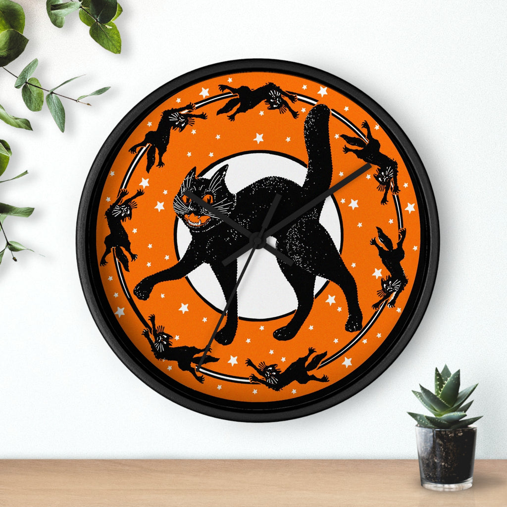 Black Cats Full Moon Stars Retro Halloween Black Wooden Wall Clock