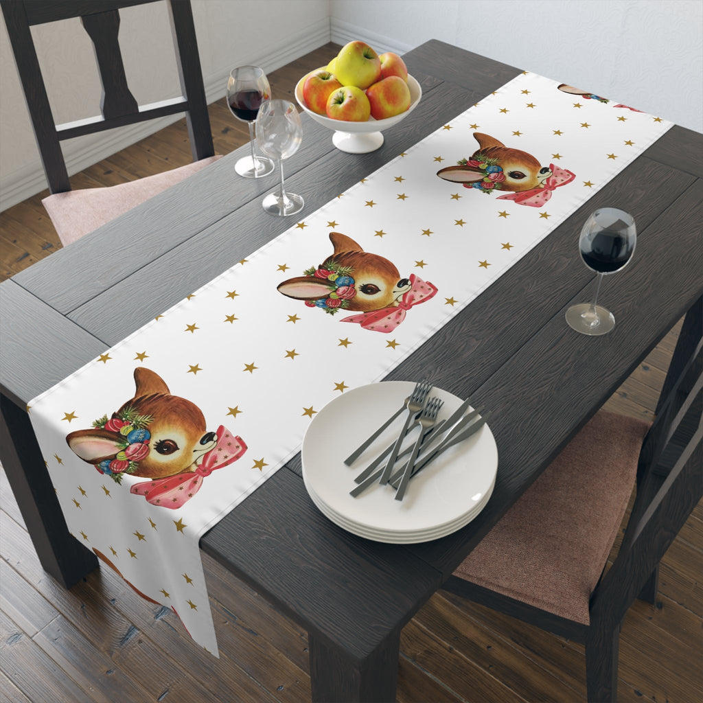 Reindeer Gold Stars Mid Century Retro Christmas Print Home Decor Cotton Poly Table Runner