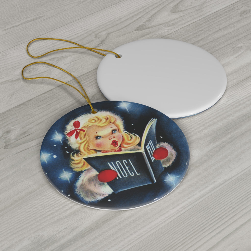 Noel Christmas Caroler Girl Mid Century Retro Christmas Print Ceramic Ornament