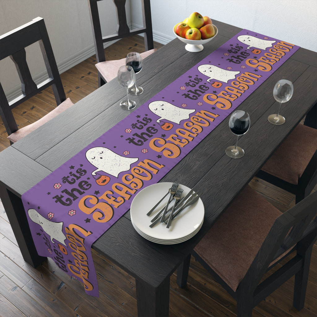 Tis The Season Trick Or Treat Ghost Distressed Halloween Print Fall Autumn Decor Cotton Poly Table Runner
