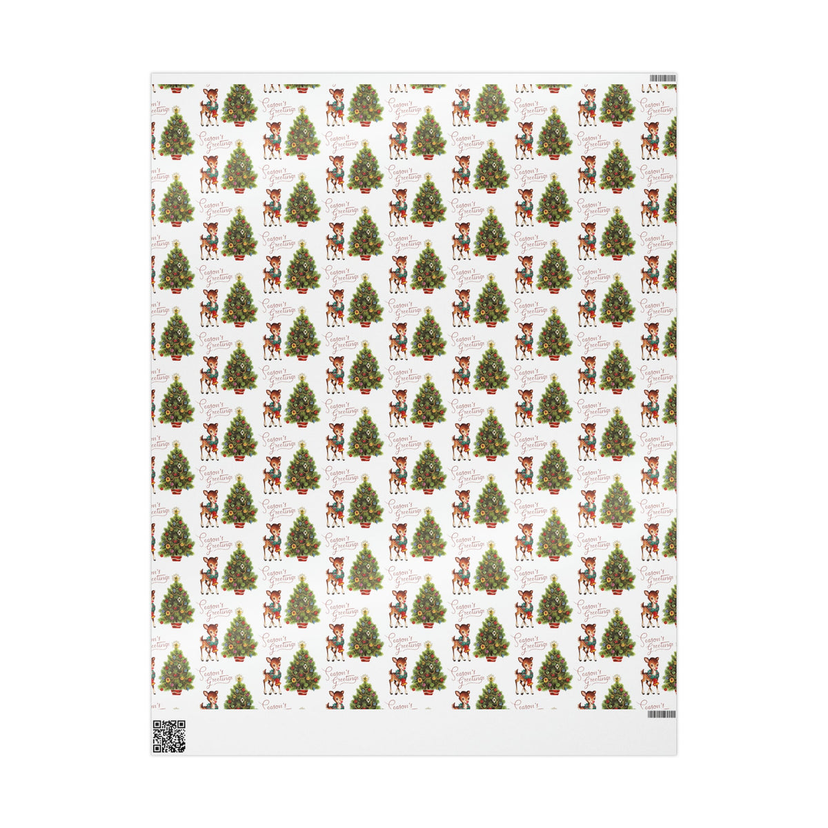 Season's Greetings Reindeer With Wreath And Christmas Tree Mid Century Retro Christmas Print Holiday Gift Wrap Paper - Glossy Or Matte