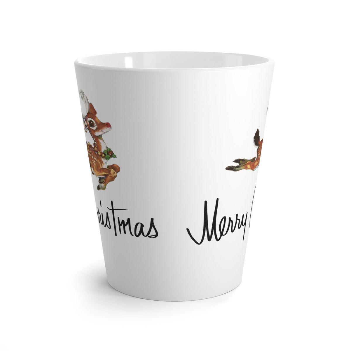 Merry Christmas Leaping Reindeer Mid Century Retro Christmas Print Latte Mug