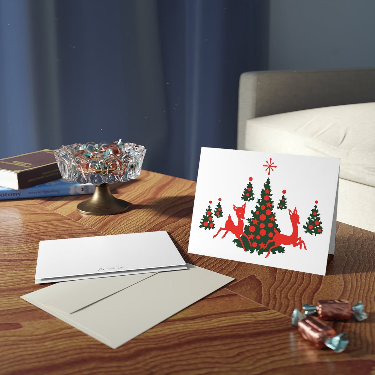 Red Reindeer Christmas Trees Mid Century Retro Christmas Print Matte Greeting Cards (8, 16, and 24 pcs)