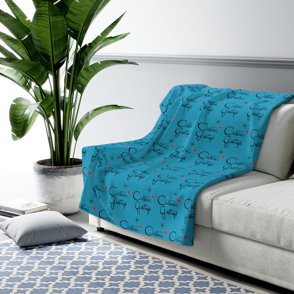 Christmas Greetings Starburst Blue Retro Christmas Print Sherpa Fleece Blanket