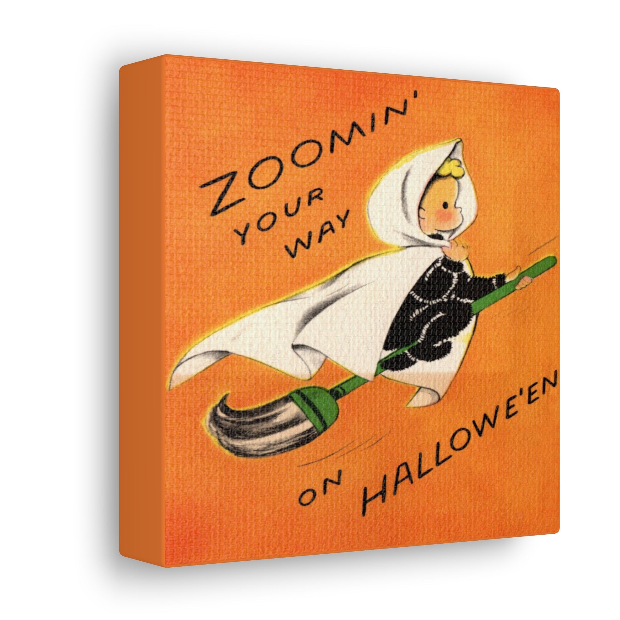 Zoomin' Your Way On Halloween Orange Witch On Broom Retro Halloween Decor Print Canvas Gallery Wrap