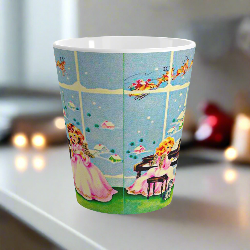 Little Angels Singing At Piano With Santa Reindeer And Church Vintage Retro Christmas Print Latte Coffee Mug