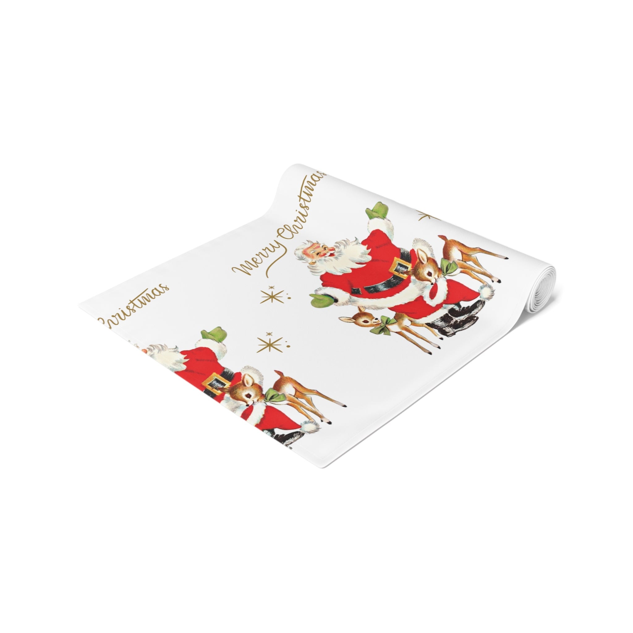 Merry Christmas Santa Reindeer Gold Stars Retro Christmas Table Runner