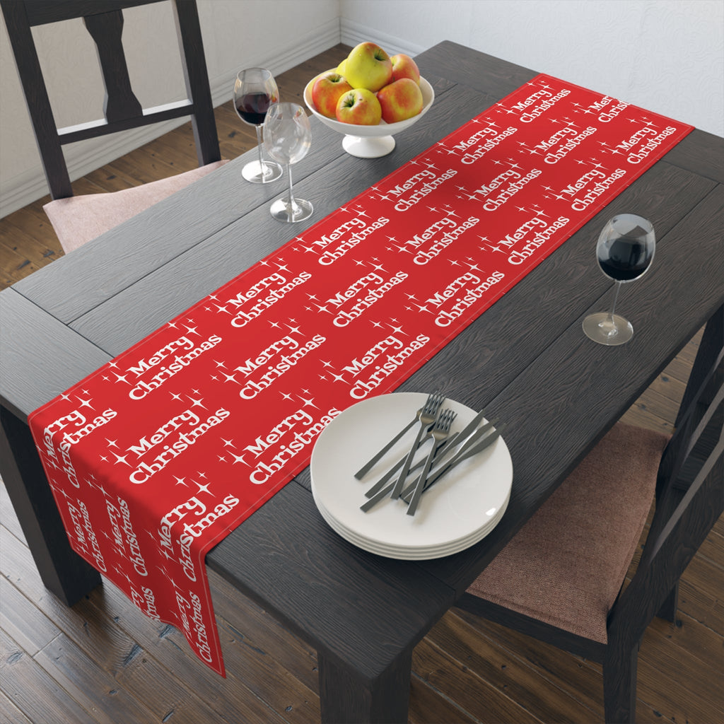 Merry Christmas Starburst Atomic Mid Century Retro Style Christmas Decor Red Cotton Poly Table Runner