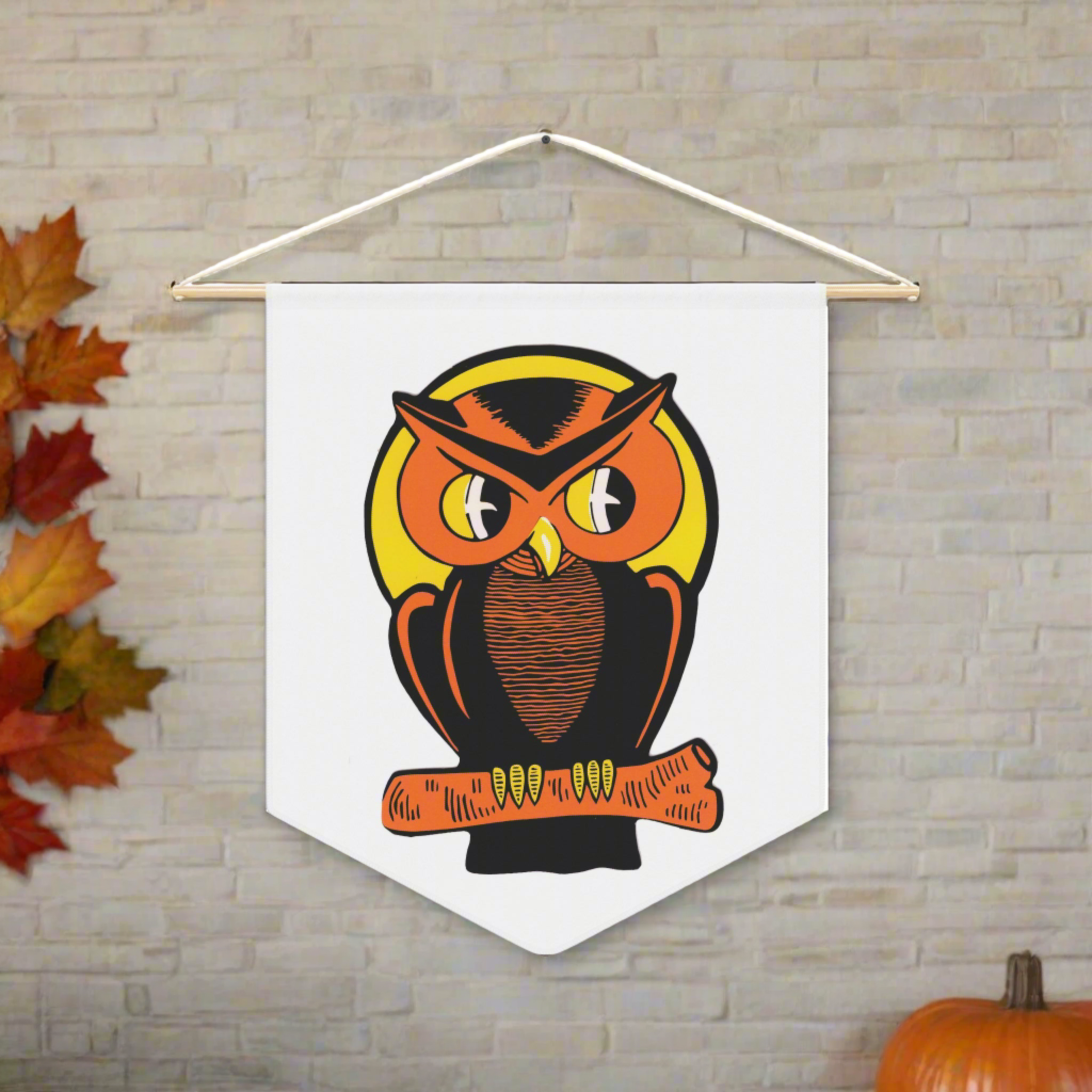 Orange Halloween Owl Mid Century Retro Halloween Print Decor Print Wall Hanging Banner Flag