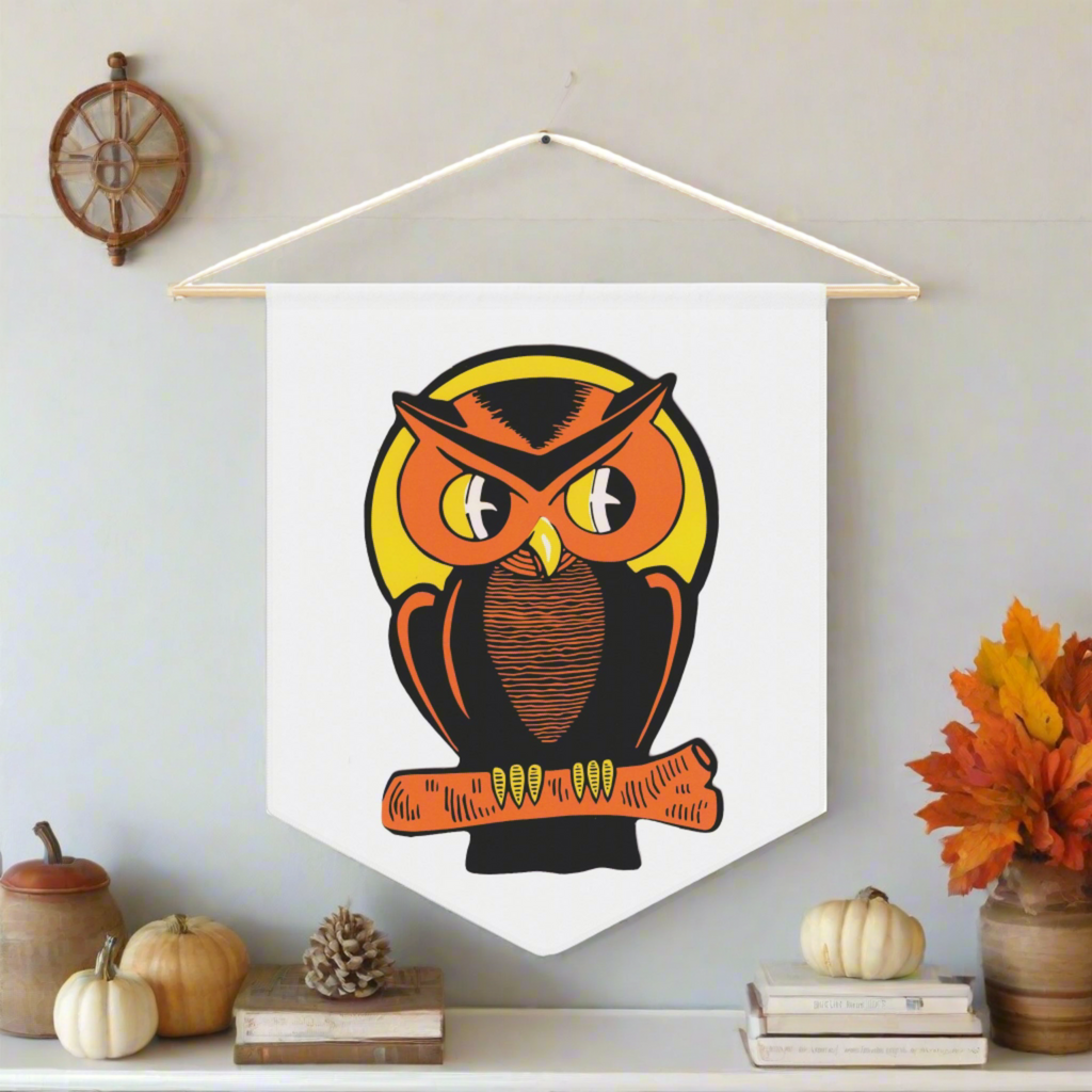 Orange Halloween Owl Mid Century Retro Halloween Print Decor Print Wall Hanging Banner Flag
