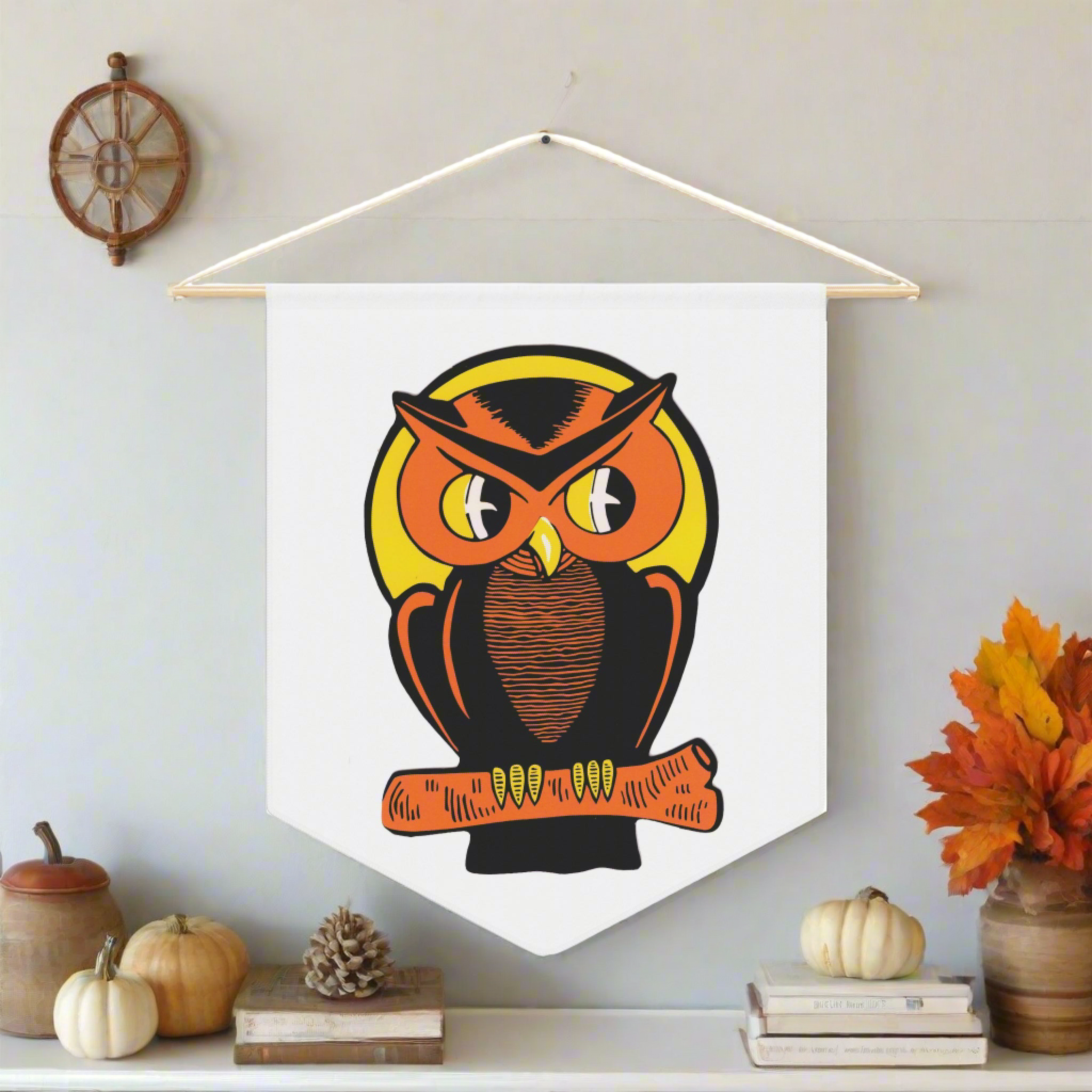 Orange Halloween Owl Mid Century Retro Halloween Print Decor Print Wall Hanging Banner Flag