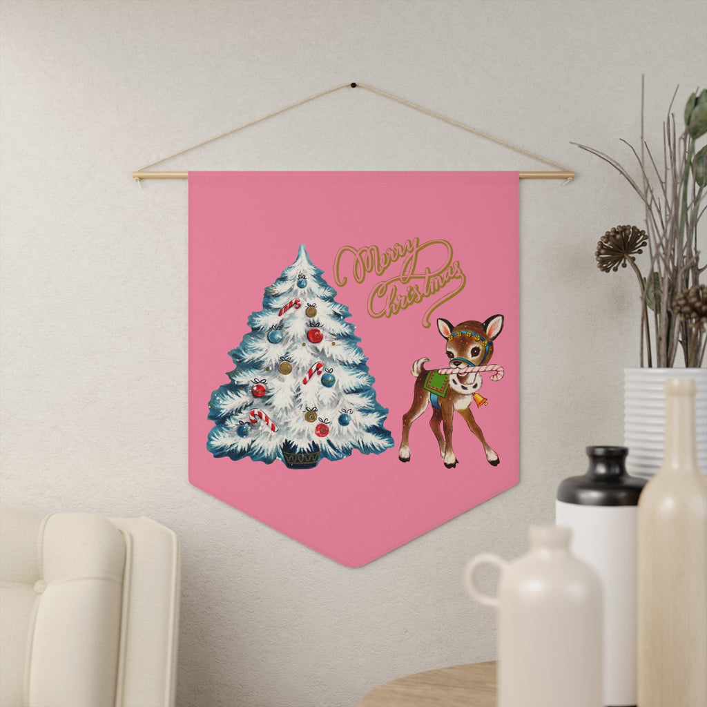 Merry Christmas Reindeer Tree Pink Mid Century Retro Christmas Print Wall Hanging Banner Flag
