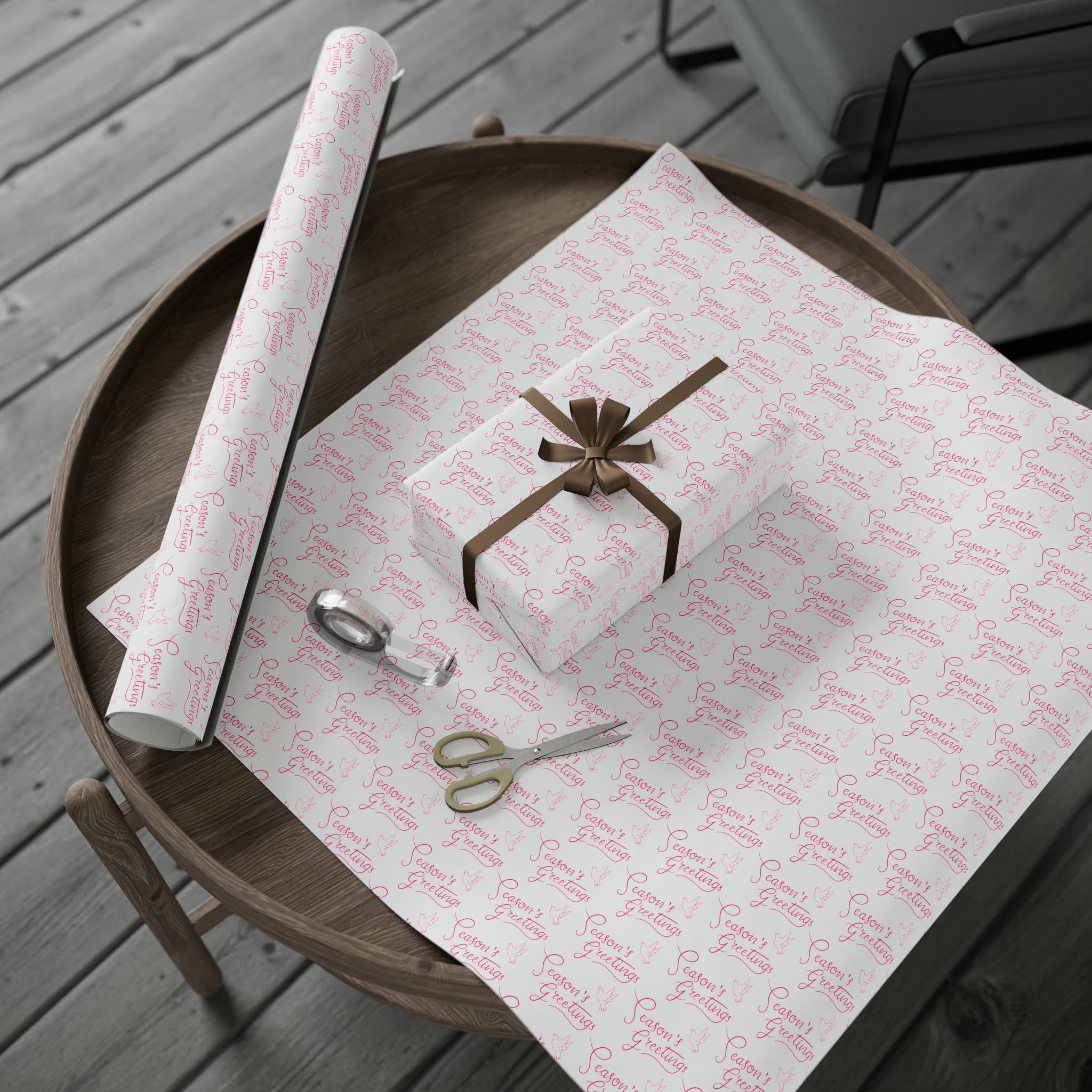 Season's Greetings Pink Dove Pink Retro Style Christmas Print Holiday Gift Wrap Paper - Glossy Or Matte