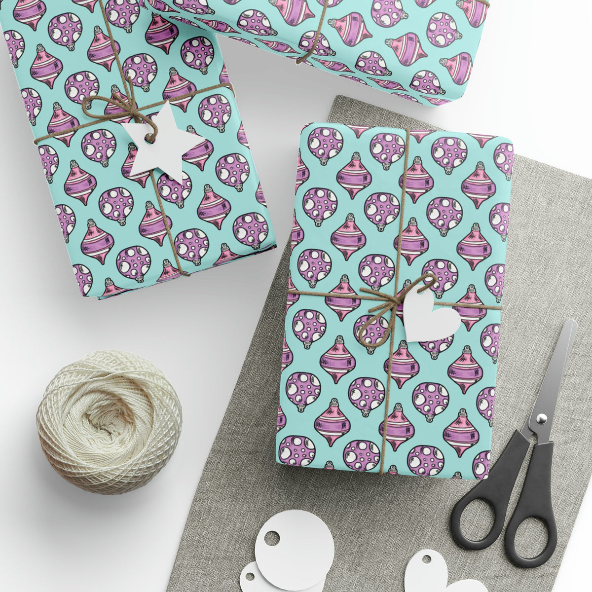 Pink Purple Ornaments Teal Christmas Print Holiday Gift Wrap Paper - Glossy Or Matte