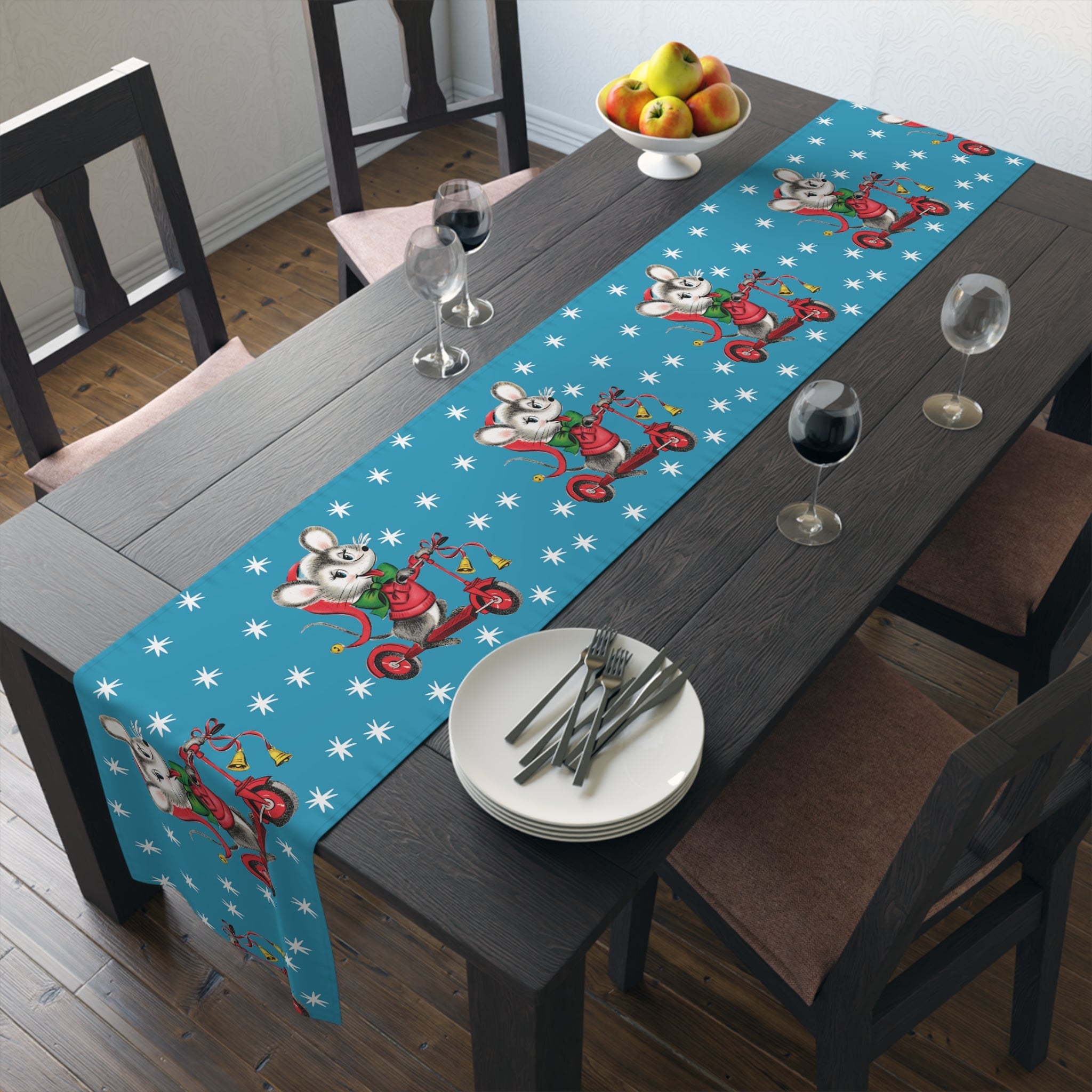 Christmas Mouse On Scooter Blue Mid Century Retro Christmas Print Home Decor Cotton Poly Table Runner