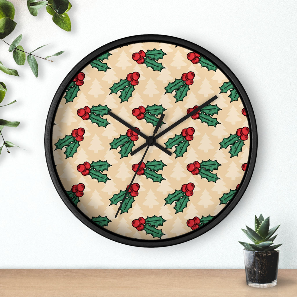 Cute Christmas Holly Trees Black Christmas Wall Clock