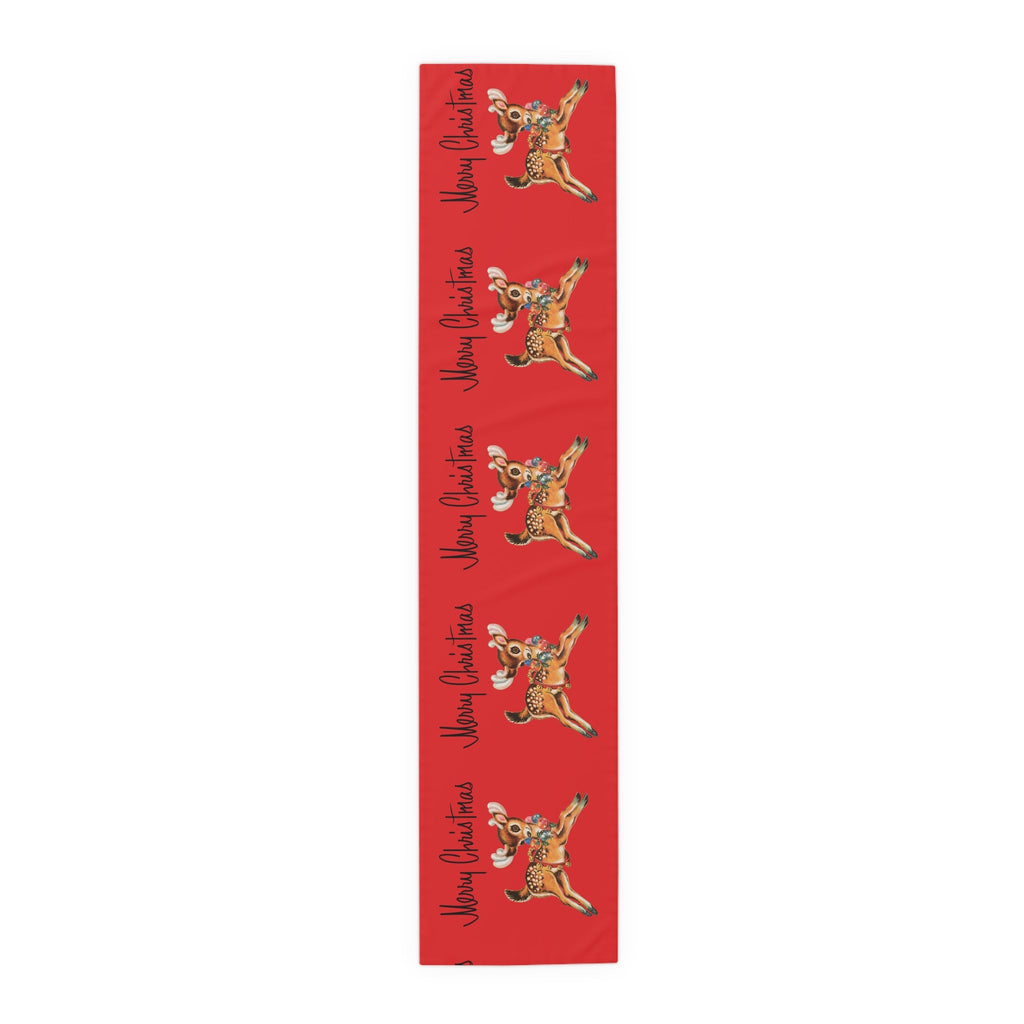 Merry Christmas Reindeer Mid Century Red Retro Christmas Print Home Decor Cotton Poly Table Runner