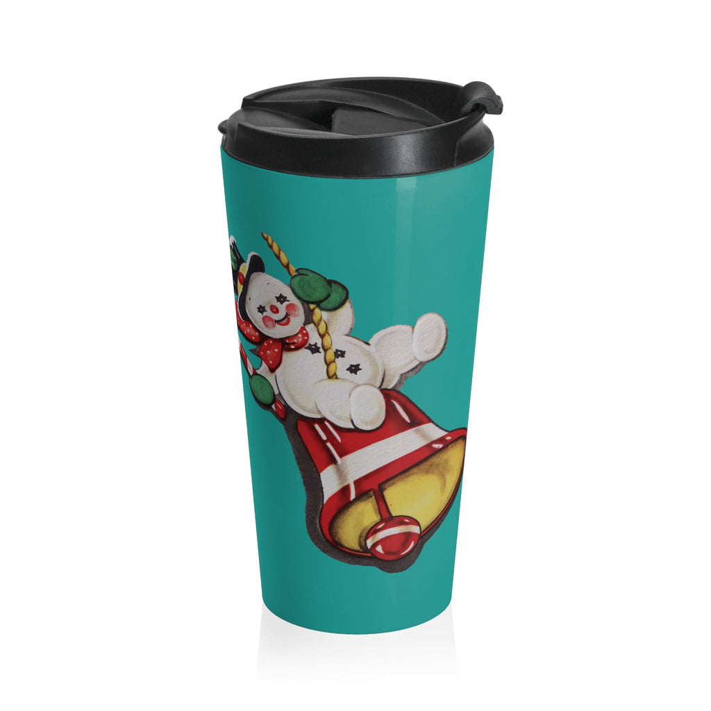 Cute Retro Snowman On Christmas Bell Mid Century Retro Christmas Print Turqoise Stainless Steel Travel Mug Tumbler 15oz