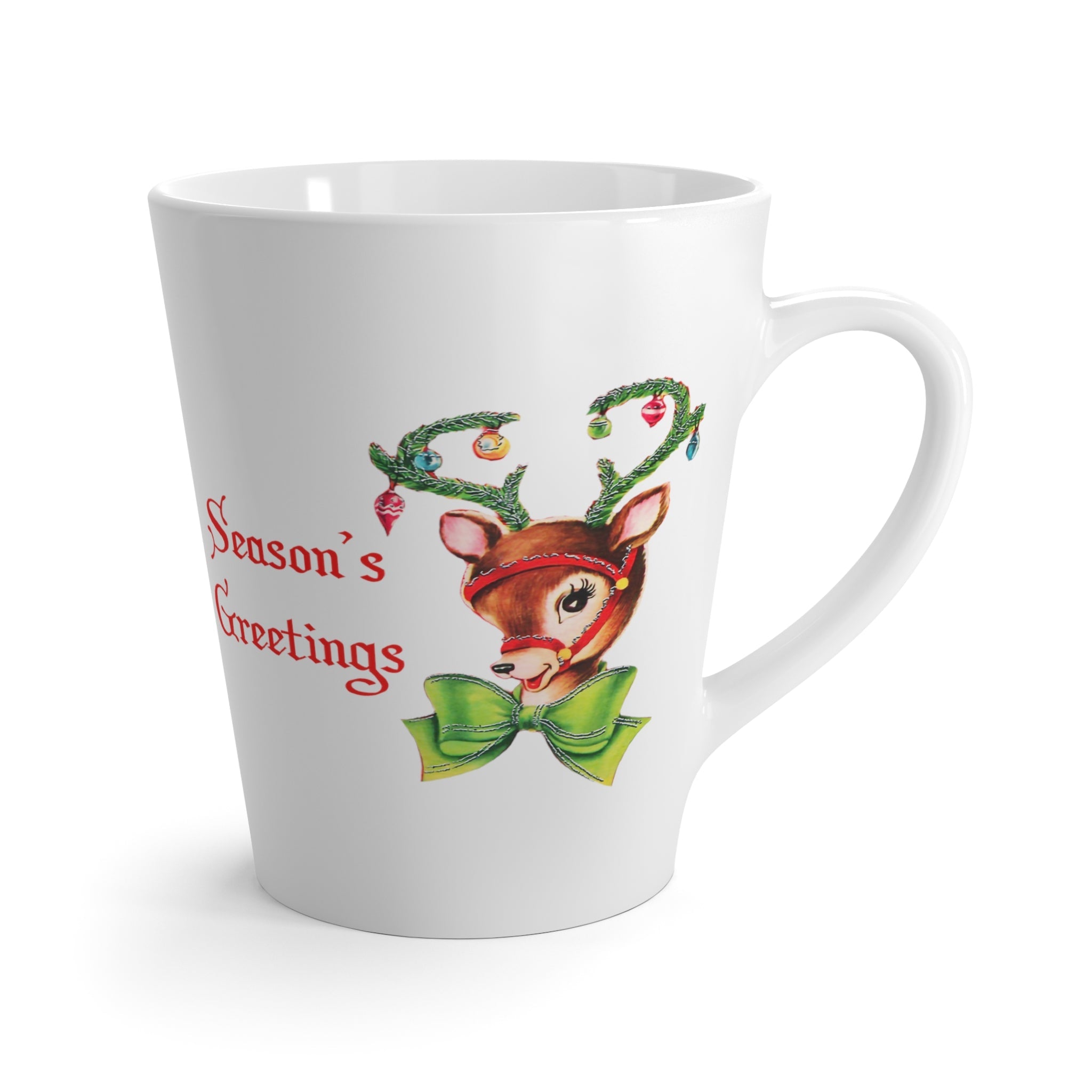Season's Greetings Reindeer With Ornaments Mid Century Retro Christmas Print Latte Coffee Mug