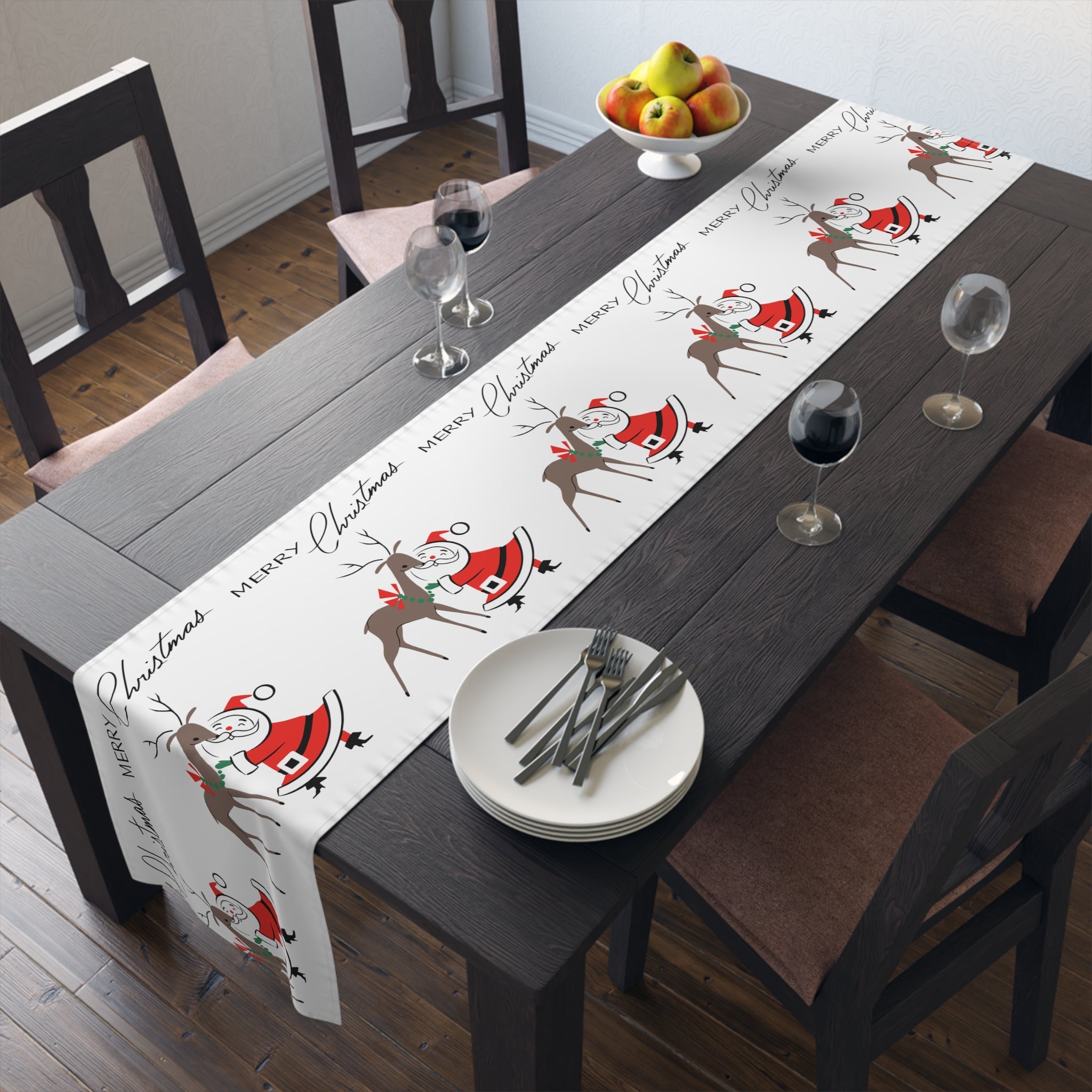 Merry Christmas Santa With Reindeer Mid Century Retro Style Christmas Decor Red Cotton Poly Table Runner