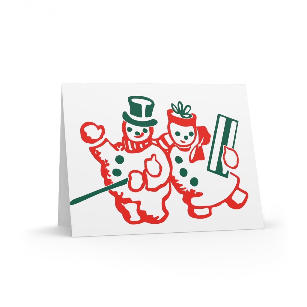 Snowman And Snowwoman Mid Century Retro Christmas Print Matte Greeting Cards (8, 16, and 24 pcs)