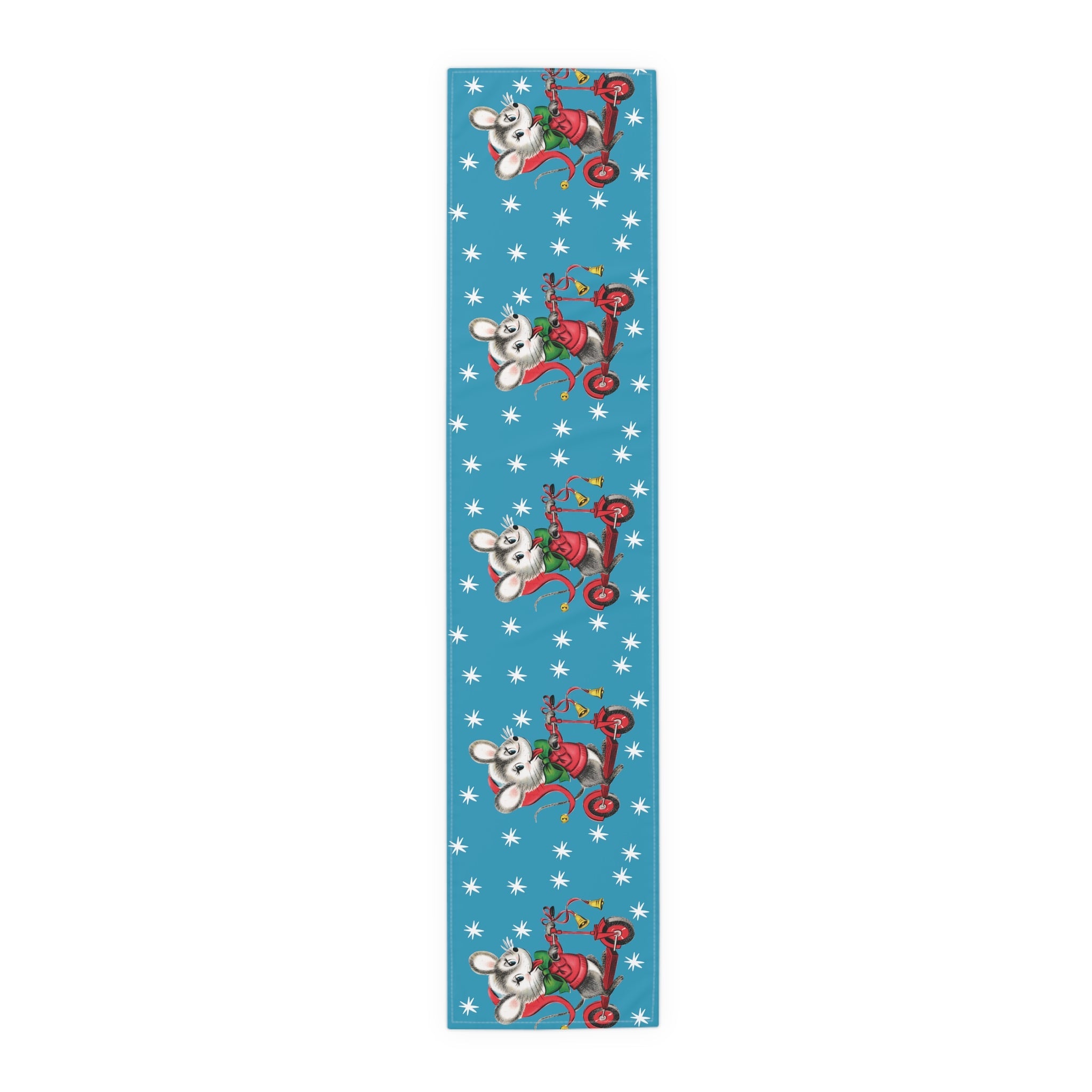 Christmas Mouse On Scooter Blue Mid Century Retro Christmas Print Home Decor Cotton Poly Table Runner