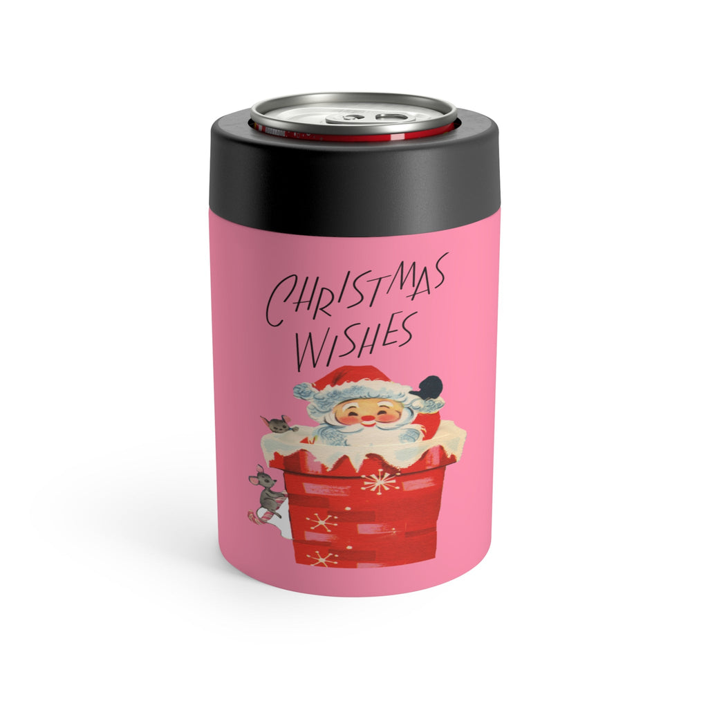 Christmas Wishes Santa In Chimney With Mice Pink Mid Century Retro Christmas Print Stainless Steel Can Holder