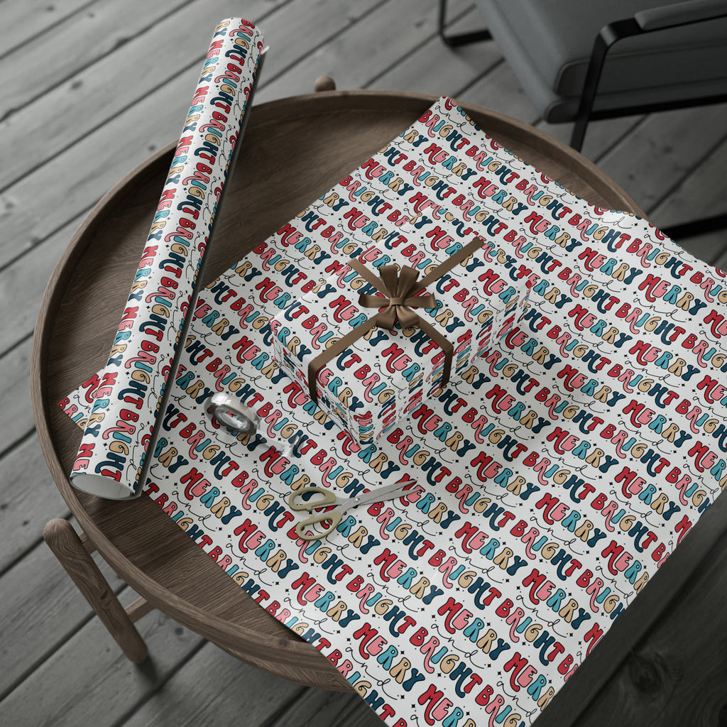 Merry And Bright Retro Style Christmas Print Holiday Gift Wrap Paper - Glossy Or Matte