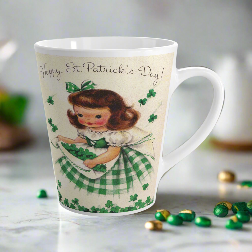 Happy St. Patrick's Day Girl Gathering Shamrocks Retro Latte Coffee Mug