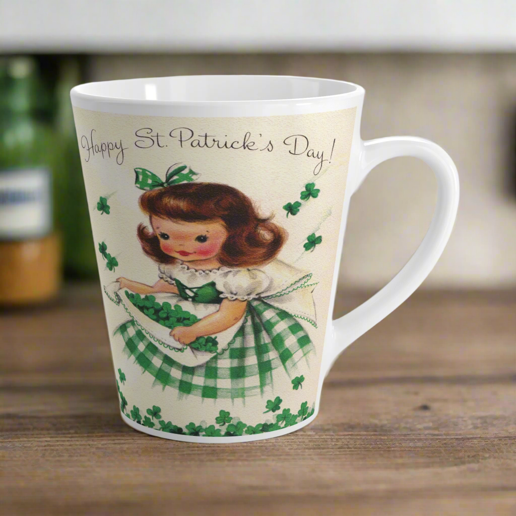 Happy St. Patrick's Day Girl Gathering Shamrocks Retro Latte Coffee Mug