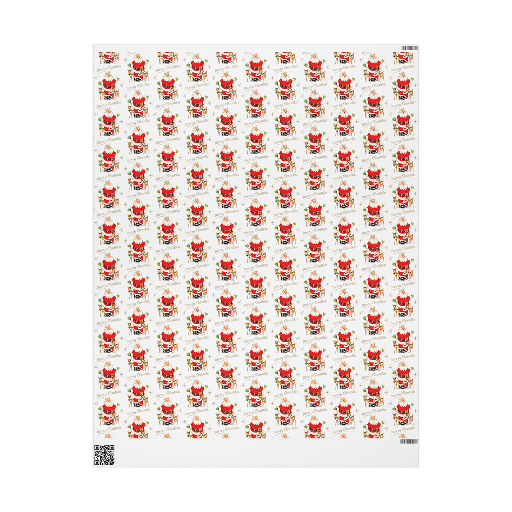 Merry Christmas Santa Reindeer Gold Stars Midcentury Retro Holiday Gift Wrap Paper - Glossy Or Matte